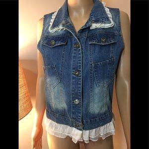 Retro Denim Vest with cream ruffle trim size Small